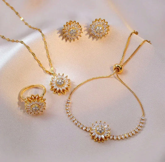 Set Completo Girasoles Giratorios: Anillo + Pulsera + Collar + Aretes